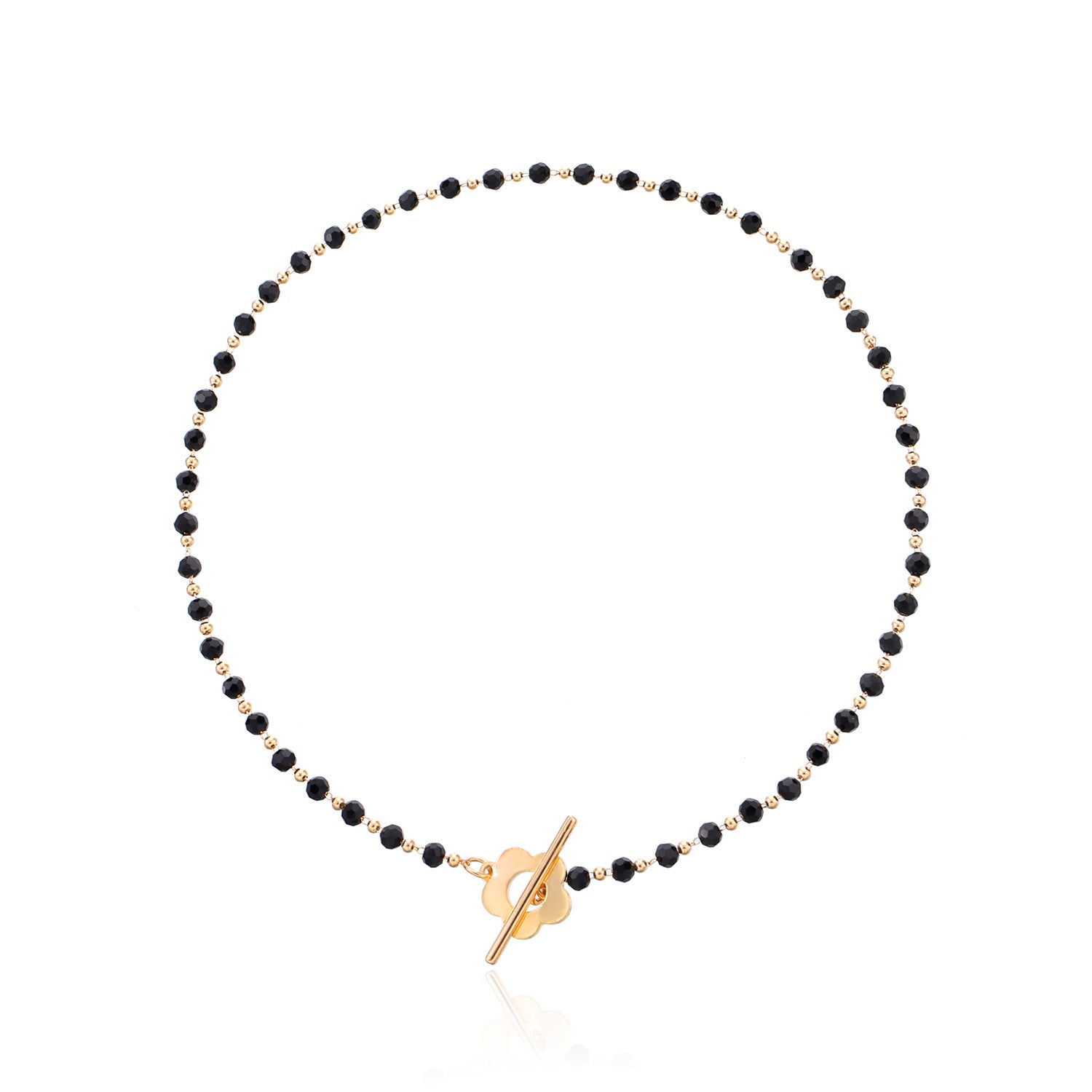Wholesale Black Crystal Glass Bead Chain OT Buckle Short Flower Alloy Necklaces